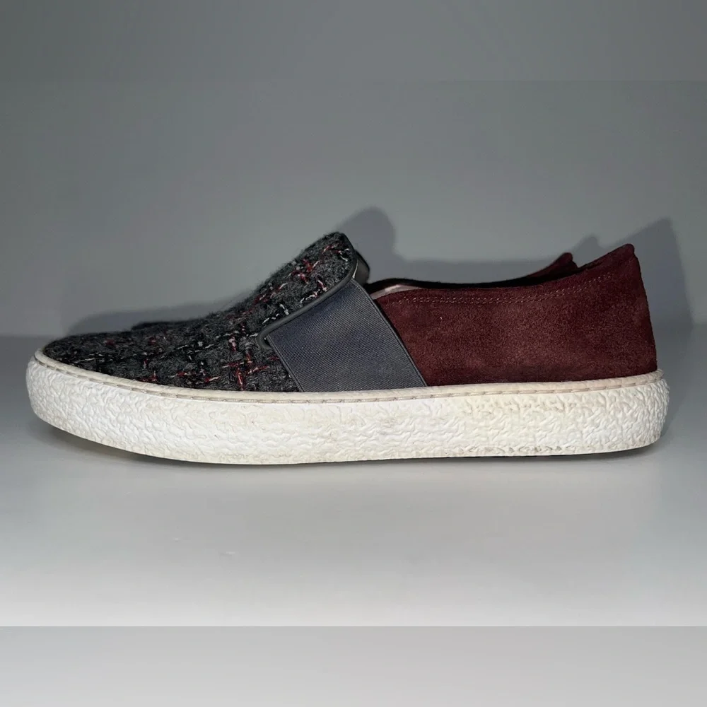 CHANEL CC Slip-On Sneakers Suede Plaid Tweed Size 37.5 / 7